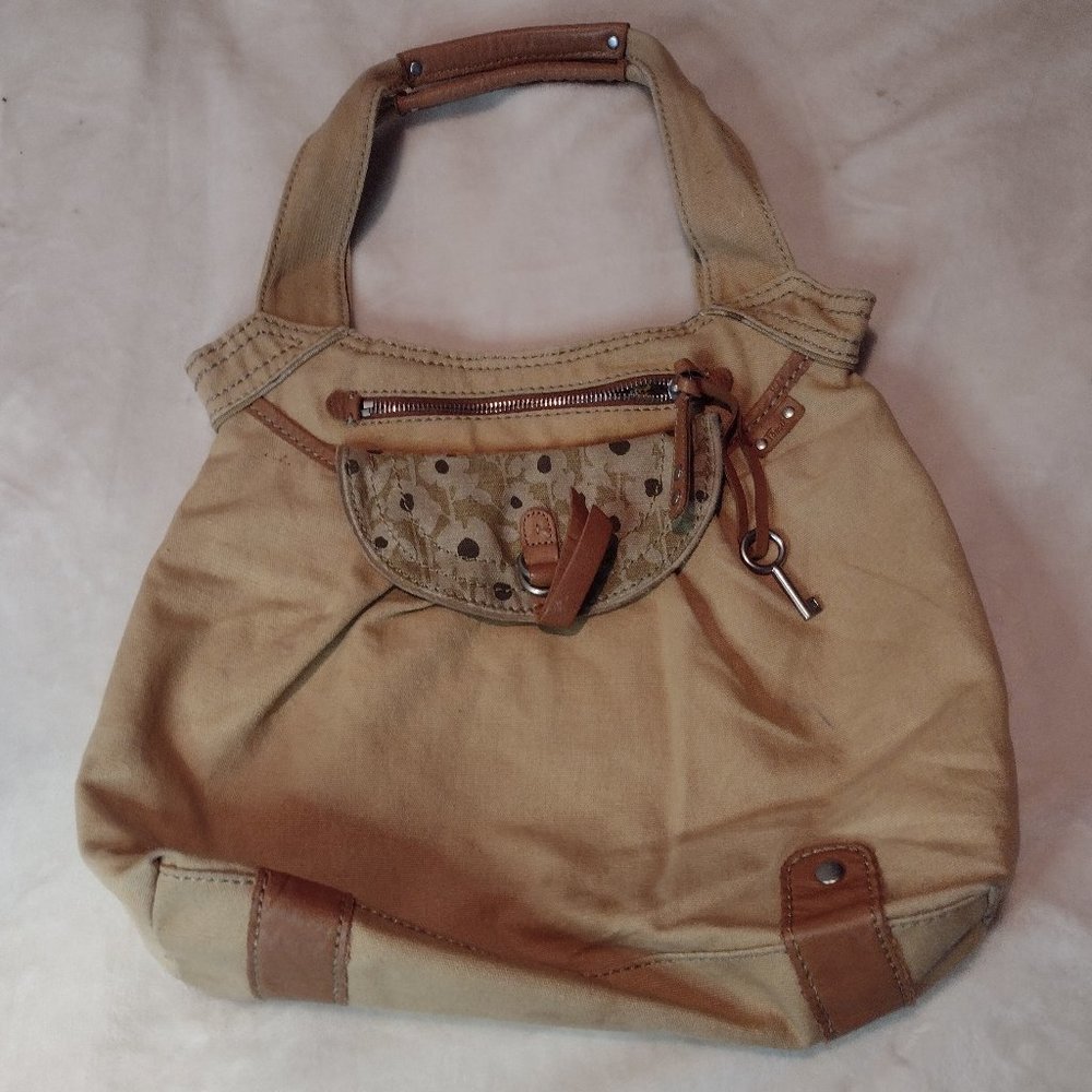 Fossil Classic Brand Tan Khaki Canvas Purse Handbag Shoulder Bag Tote Leather